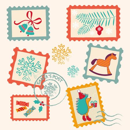Colorful vintage Christmas stamps collection. Vector illustrationのイラスト素材
