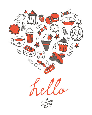 Hello card with hand drawn desserts composed in a heart. vector illustrationのイラスト素材