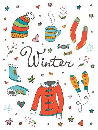 Amazing collection of hand drawn winter related graphic elements. Illustration in formatのイラスト素材