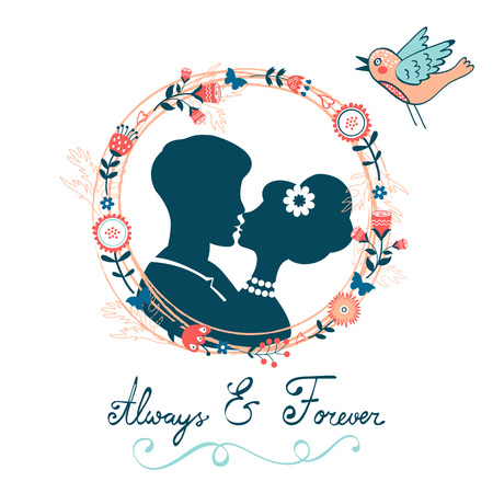 Love concept card. Always and forever kissing couple in floral wreath. Vector illustrationのイラスト素材