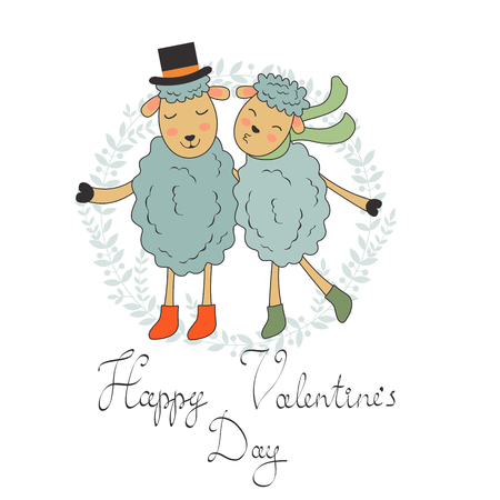 Happy valentines day with cute sheeps couple. vector illustrationのイラスト素材