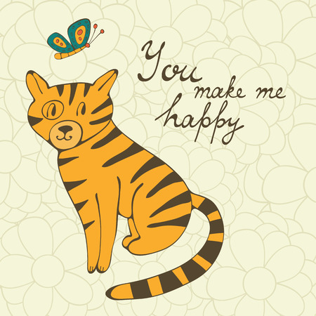 You make me happy. Cute hand drawn card with a cat and butterfly. Illustration in vector formatのイラスト素材