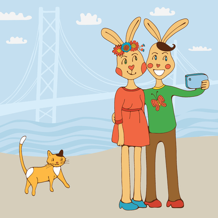 Cute couple of rabbits taking Selfie Photo On Smart Phone Vector Illustrationのイラスト素材