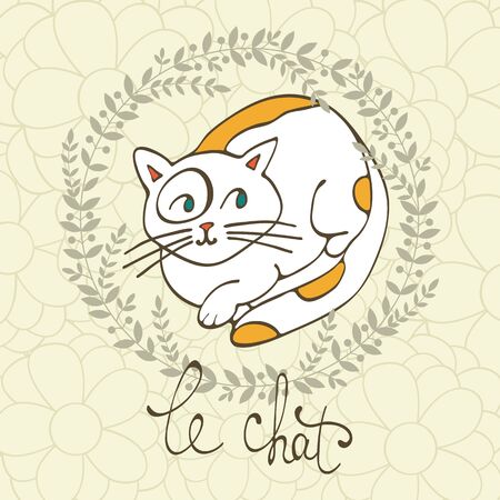Cute cat character illustration with french lettering of cat word , Le Chat means cat in French. Illustration in vector formatのイラスト素材