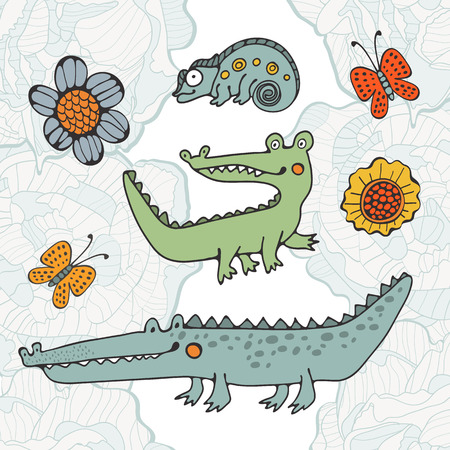 Cute set of hand drawn crocodiles. Illustration in vector formatのイラスト素材