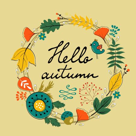 Beautiful hello autumn card with wreath. Vector illustrationのイラスト素材