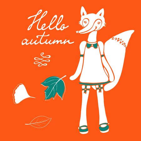 Hello autumn elegant card with cute fox character. Vector illustrationのイラスト素材