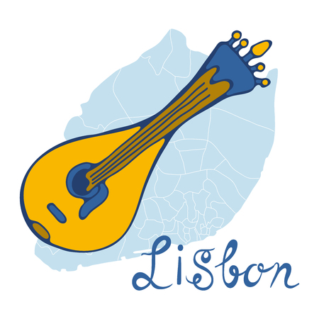 Tipical portuguese fado guitar over Lisbon map and azulejo tiles background. vector illustrationのイラスト素材