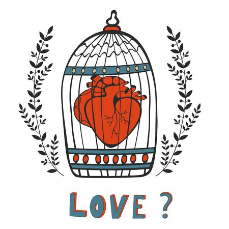 Is it Love. Human heart in a cage. Vector illustration.のイラスト素材
