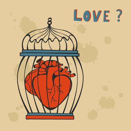 Is it Love. Human heart in a cage. Vector illustration.のイラスト素材