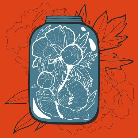 Concept love card with flowers in jar. Perfect for Birthday cards, wedding or Valentines day invitationsのイラスト素材