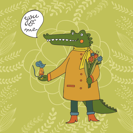 You and me. Illustration of a crocodile and a mouse in vector formatのイラスト素材