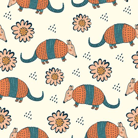 Colorful seamless pattern with armadillo and flowersの写真素材
