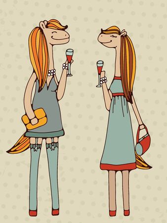 Cocktail party girls horse charactersのイラスト素材