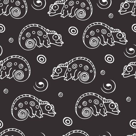 Black and white seamless pattern with chameleon.のイラスト素材