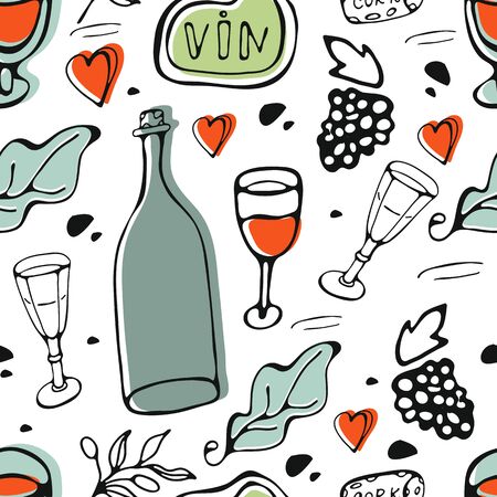 Wine collection pattern. Hand drawn seamless pattern made of wine related graphic elementsのイラスト素材