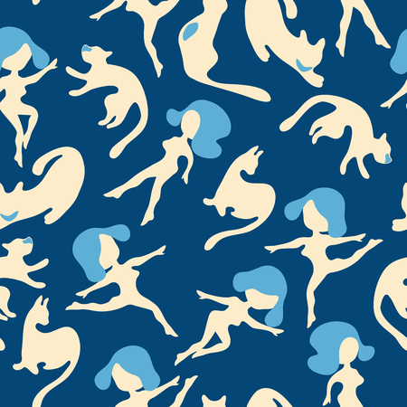 Seamless pattern with cats and women figures. Digital illustration with cats and women silhouettesのイラスト素材