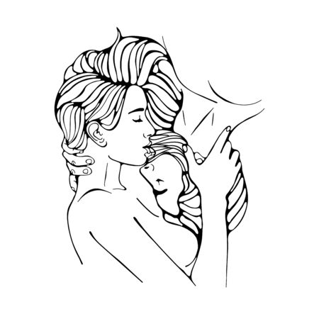 Romantic couple kissing upside down. Digital outline illustrationのイラスト素材