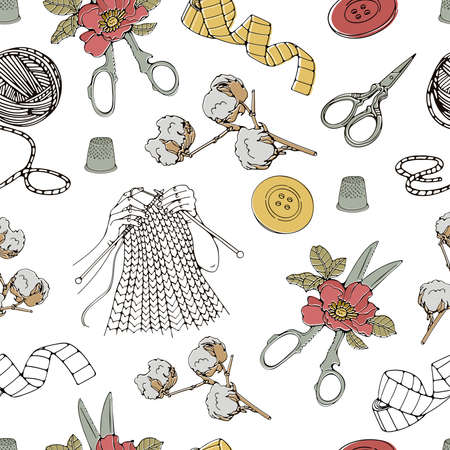 Sewing and knitting seamless pattern. Hand drawn illustration in vectorのイラスト素材