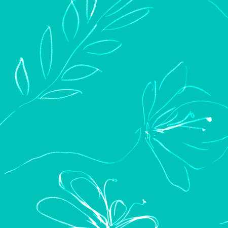 Vintage Hand Drawn Flower. Green Mint Simple Paintings. Hawaii Foliage Surface. Vintage Hand Drawn Flower Background. Paintbrush Doodle Blue Ornament. Foliageの写真素材