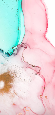 Abstract Ink Art. Fluid Ancient Wall. Sea Foil Artwork. Pink Alcohol Abstract Ink Art. Smoke Color Splatter Wallpaper. Wash Canvas. Mix Gold Abstract Ink Art.の写真素材