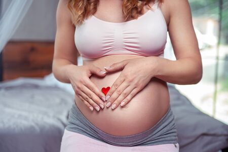 Pregnant woman feeling happy at home while taking care of her child. The young expecting mother...