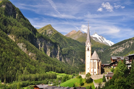 Heiligenblut church in front of Grossglockner peak, Austriaのeditorial素材