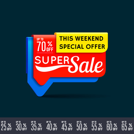Super Sale, this weekend special offer banner, up to 70% off. Modern bubble tag.のイラスト素材