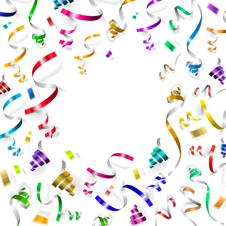 Colorful ribbons and confetti falls isolated on white background.のイラスト素材