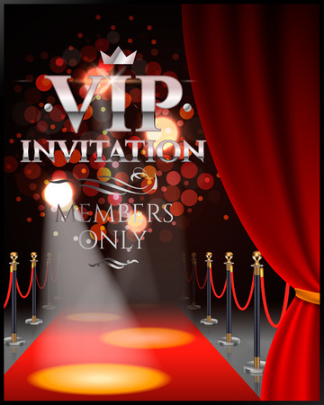 VIP invitation inscriptions with red theater curtains and velvet carpet. 3d illustration.のイラスト素材