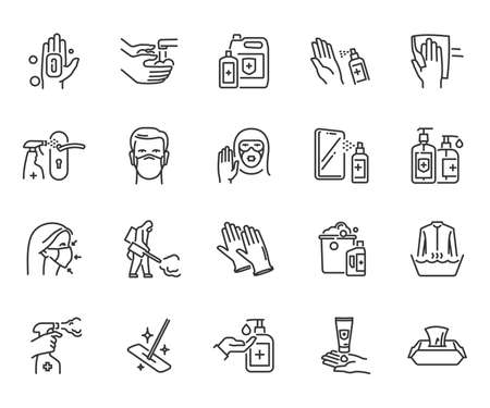 Disinfection and cleaning linear icons set. Perfect pixel.のイラスト素材