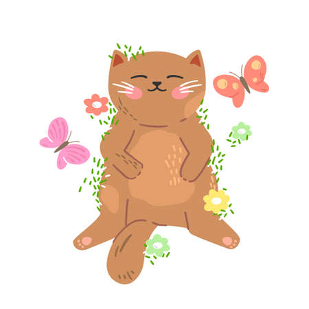 Cute little red kitten sleeps on the grass with butterflies and flowers around.のイラスト素材