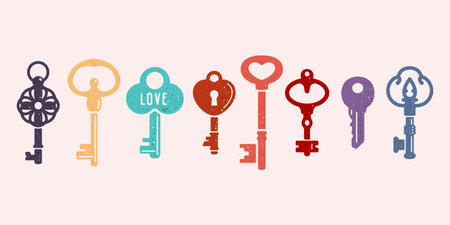 Vector collection of old vintage colored keys.のイラスト素材