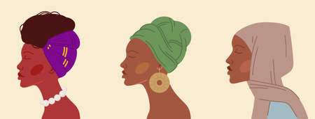 Group of cartoon black women in traditional headdresses