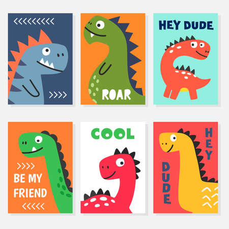 Set of colorful posters with cute dinosaurのイラスト素材
