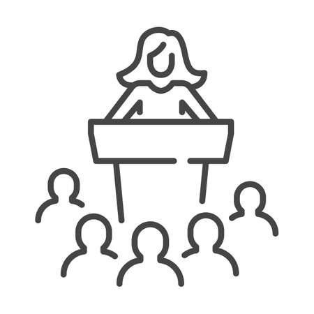 Businesswoman speaking from podium line icon.のイラスト素材