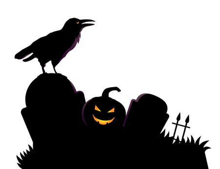 Midnight graveyard silhouette with pumpkin and bats.のイラスト素材