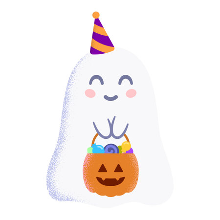 Vector banner with ghost in party hat with basket in hands during Halloween celebrationのイラスト素材