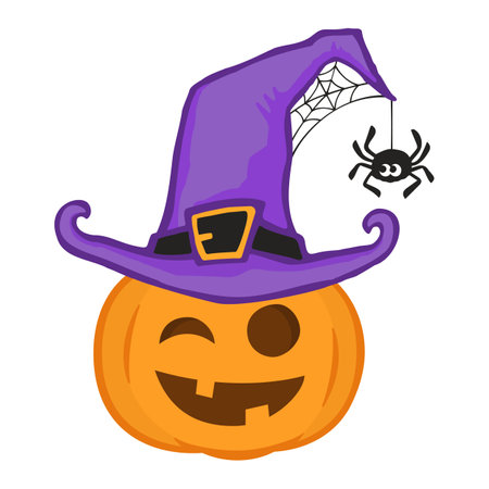Vector illustration of Halloween pumpkin with witch hat isolated on whiteのイラスト素材
