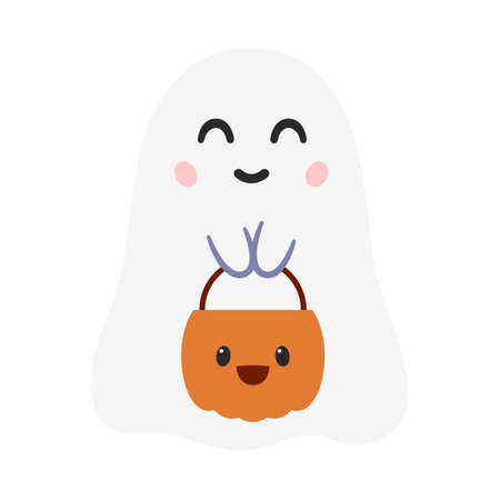 Cartoon ghost image with Halloween pumpkin basket in handsのイラスト素材
