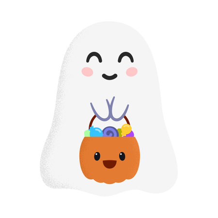 Cartoon ghost image with basket of candies in handsのイラスト素材