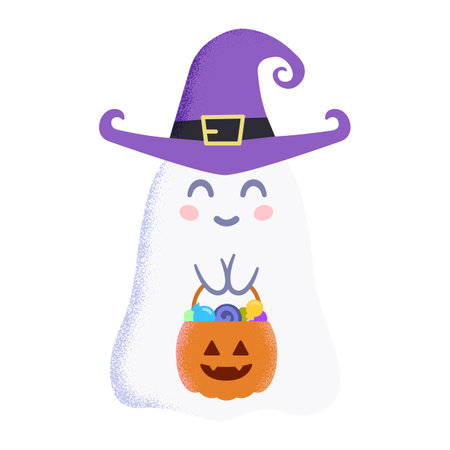 Cute Halloween ghost with pumpkin basket in handsのイラスト素材