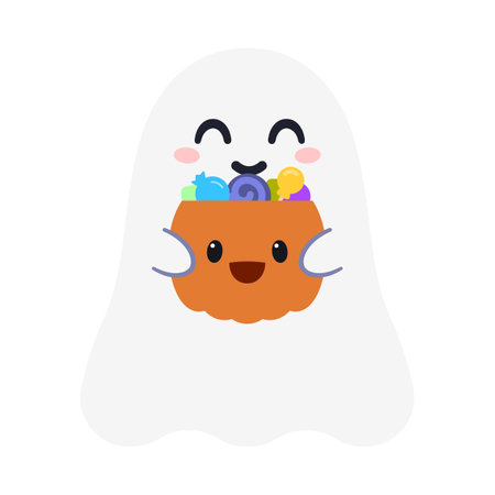 Happy ghost holding pumpkin basket full of sweets and candyのイラスト素材