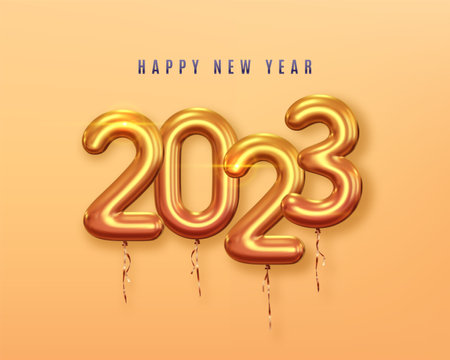 2023 Realistic Helium Balloons Numbers on Orange Backgroundの写真素材