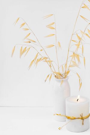Dry decorative plants in ceramic vase burning candle on white background. Interior decoration in Scandinavian style relaxation meditation conceptの写真素材