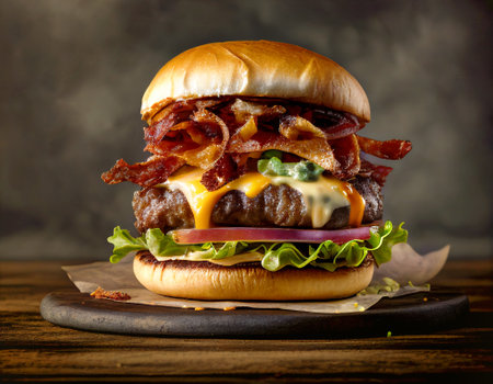 Wagyu beef burger with crispy fried bacon lettuce onions and melted cheddar cheese between toasted buns on wooden board. American cuisine fast food conceptの素材