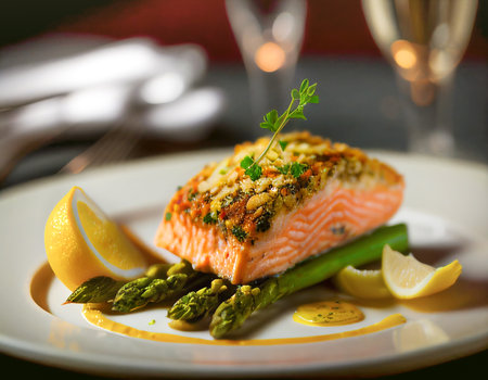 Salmon baked with pistachio crust served on a plate on a bed of green steamed asparagus and hollandaise sauce. Restaurant table settingの素材
