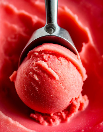Scoop of crave-worthy frozen strawberry sorbet with velvety texture. Macro shot. Summer dessert healthy sugar free sweetsの素材