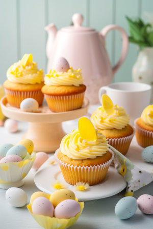 Easter pastry lemon cupcakes with yellow buttercream frosting decorated with sprinkles and chocolate eggs. Festive table setting kitchen interiorの素材
