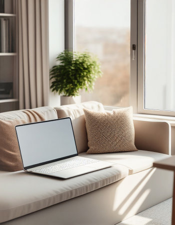 Modern living room interior in nature earthy tones with sofa coffee table shelves house plant. Open laptop.Big window. Freelance work conceptの素材